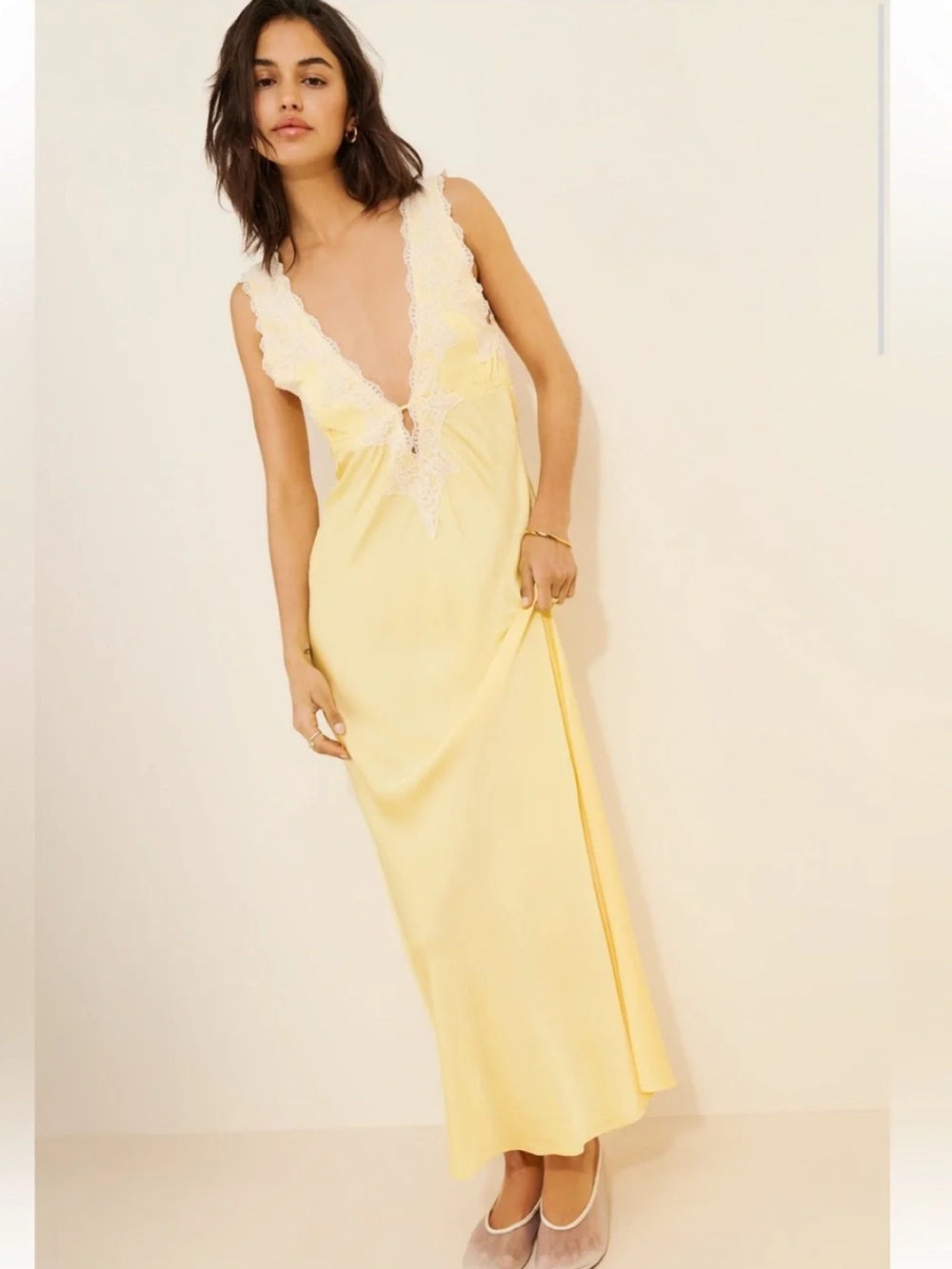 Rumored Yellow Lace-Trim Maxi Slip Dress